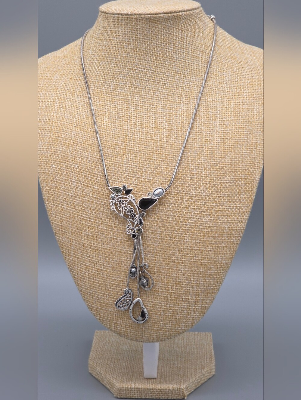 Chico's Silver-Tone Black Accent Lariat Necklace